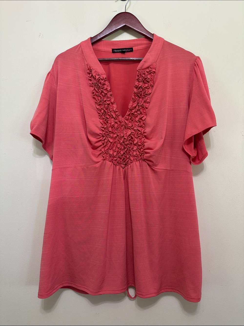 HeartSoul Coral Pink Ruffle-Front V-Neck Tunic
